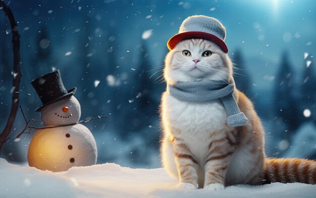 un gato con un sombrero y un hombre de nieve con un sombreiro en él