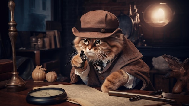 gato en un sombrero con un libro y una lupa