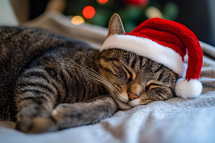 Gato con sombrero de Navidad duerme pacíficamente junto al árbol navideño IA generativa