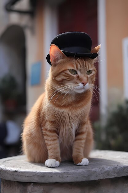 Un gato con un sombrero negro.