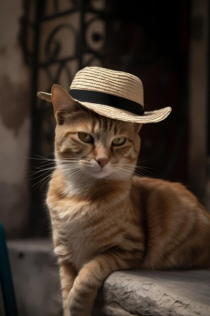 Un gato con sombrero de paja