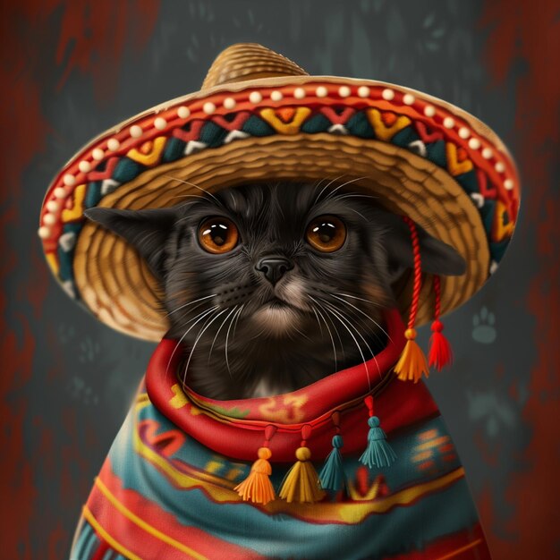 Foto gato con sombrero y poncho