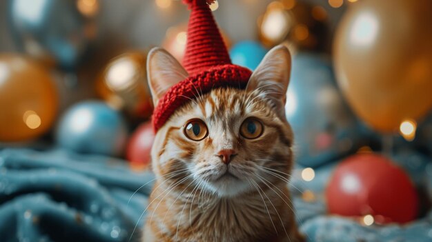 Gato con sombrero de punto rojo