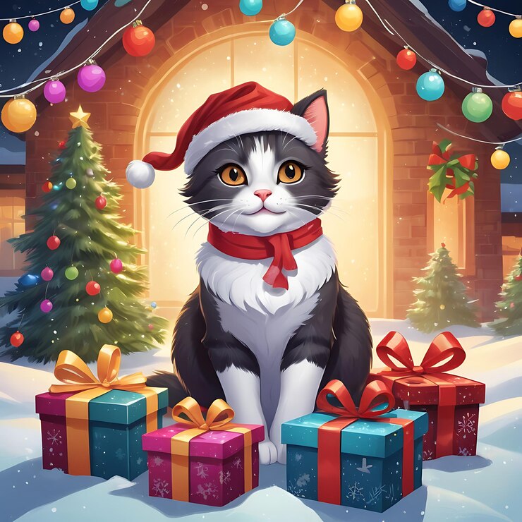 un gato con un sombrero que dice "Santa" en él