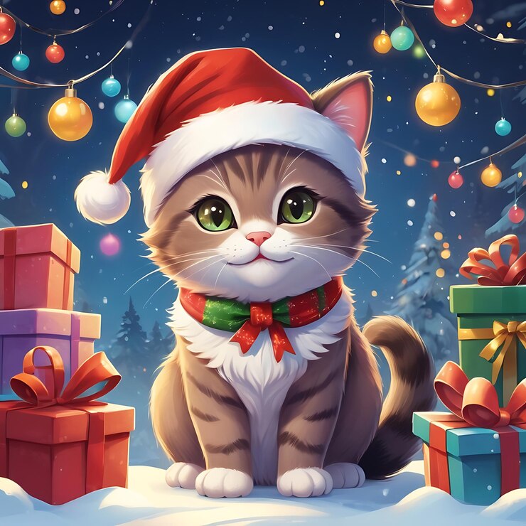 un gato con un sombrero que dice "Santa" en él
