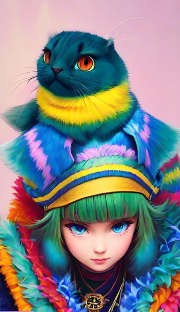 Un gato en un sombrero que tiene una cola azul.