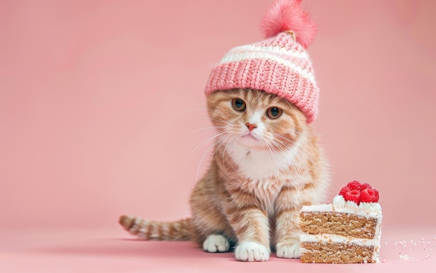 Foto un gato con un sombrero rosa se sienta frente a un pastel