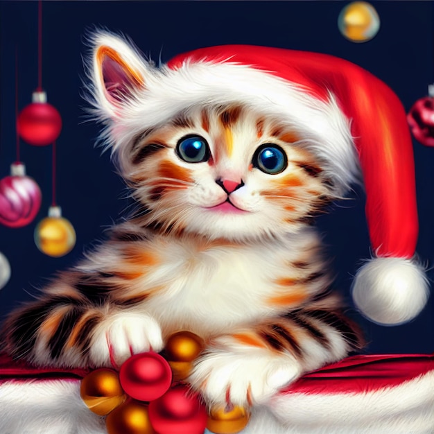 Gato con sombrero de santa claus Feliz Navidad XMas ilustración