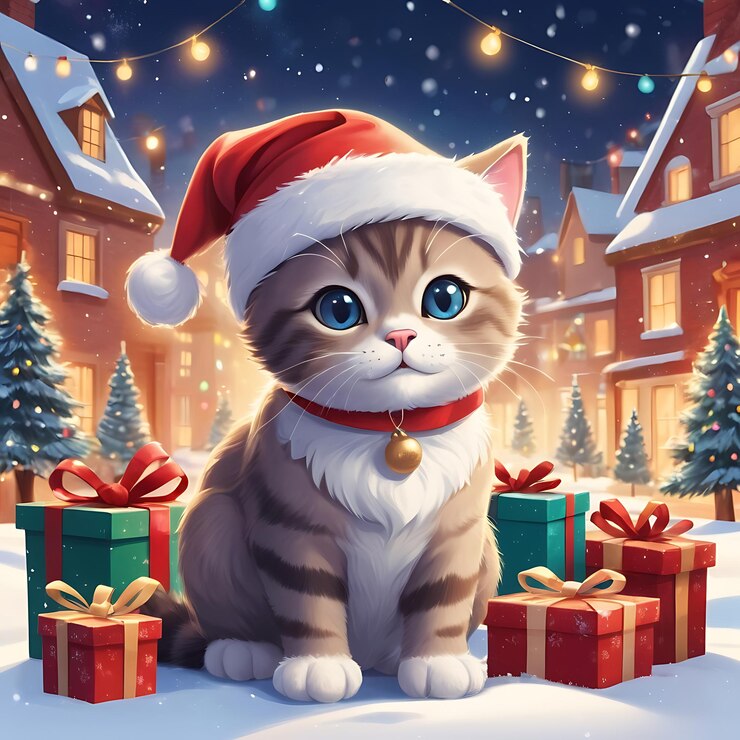 un gato con un sombrero de Santa se sienta frente a un árbol de Navidad
