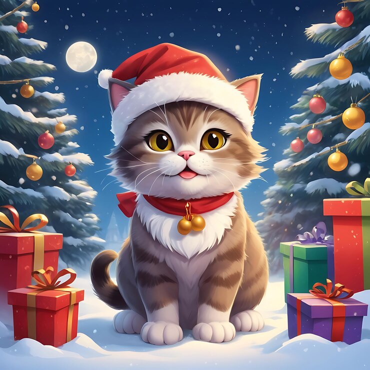 un gato con un sombrero de Santa se sienta frente a un árbol de Navidad