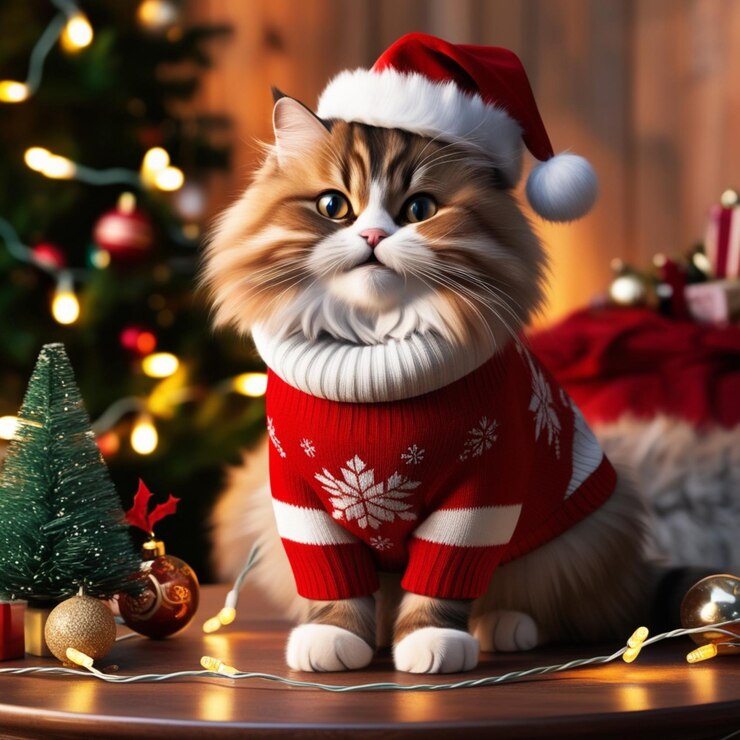 un gato con un sombrero de Santa se sienta en una mesa