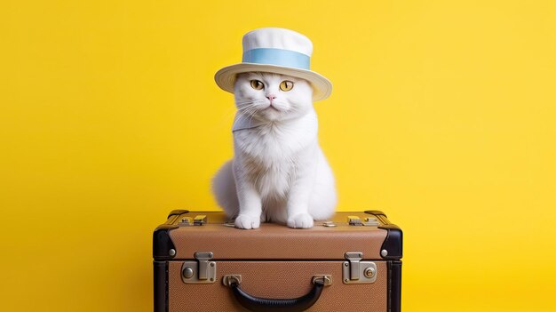 Gato con sombrero sentado en una maleta