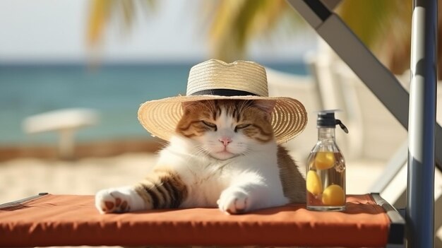 Gato con sombrero en una sillona está descansando contra el telón de fondo del mar en la playa generada por la IA