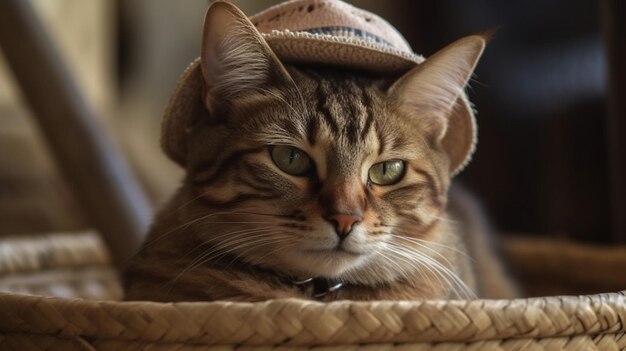 Un gato con sombrero y sombrero de vaquero.