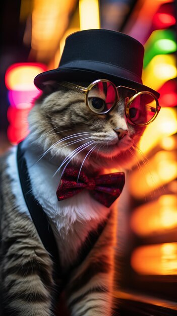 Foto un gato con un sombrero de tapa monóculo y corbata de papagaio