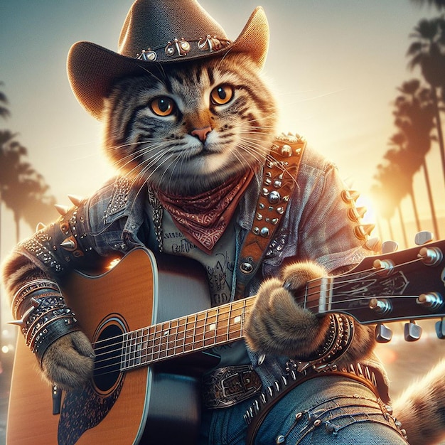 un gato con un sombrero de vaquero tocando la guitarra