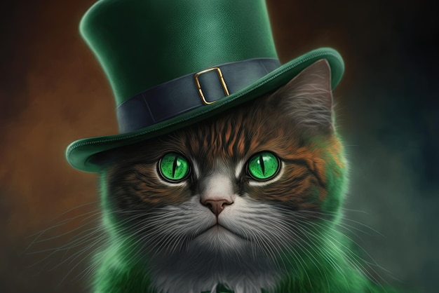 Gato con sombrero verde en la celebración del Día de San Patricio