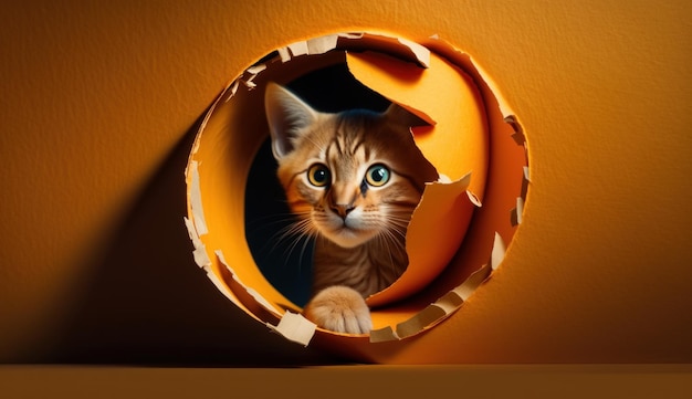 Un gato sorprendido en un agujero de pared naranja IA generativa