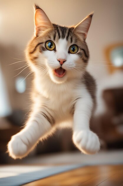 Gato sorprendido saltando en el aire en el interior de casa