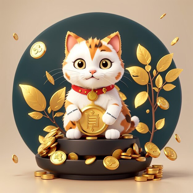 Gato sortudo com moeda de ouro planta dinheiro desenho animado ícone vetorial ilustração finanças animais isolados