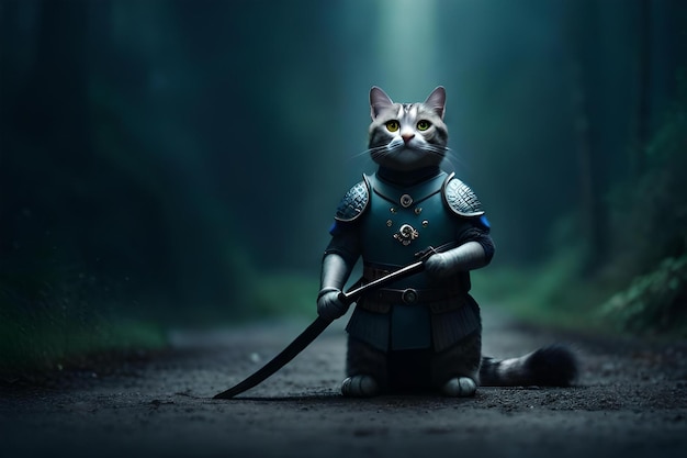 un gato sosteniendo una katana una armadura brillante reflejos de piel brillante saliendo de la armadura