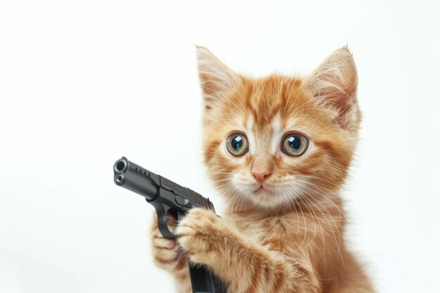 Foto gato sosteniendo una pistola de juguete sobre un fondo blanco humorístico y lúdico