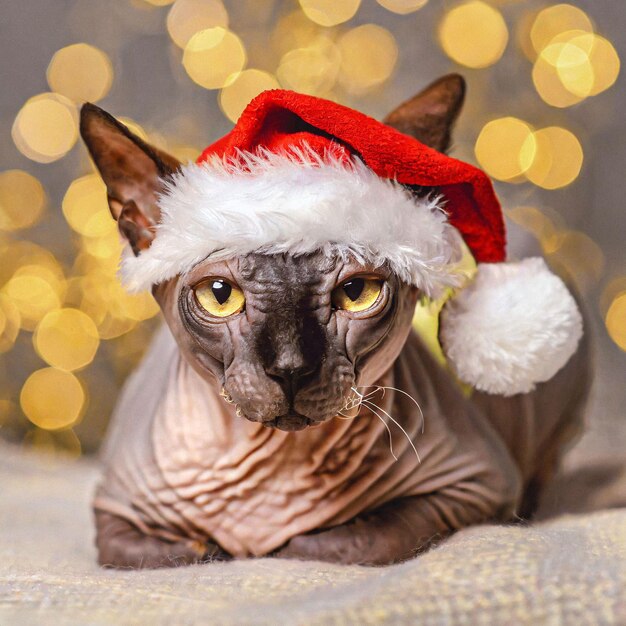 El gato Sphinx Splendor con un sombrero de Papá Noel da la bienvenida al Año Nuevo con elegancia