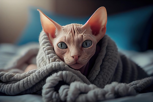 Gato Sphynx acurrucado en una manta difusa IA generativa