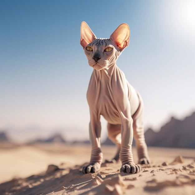 El gato Sphynx se para en la arena contra el cielo azul