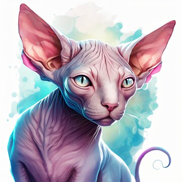 Gato sphynx bonito com olhos dourados pintados com salpicos de cor aquarela  arte digital camiseta de cartão ou desenho de tatuagem ilustração 3d