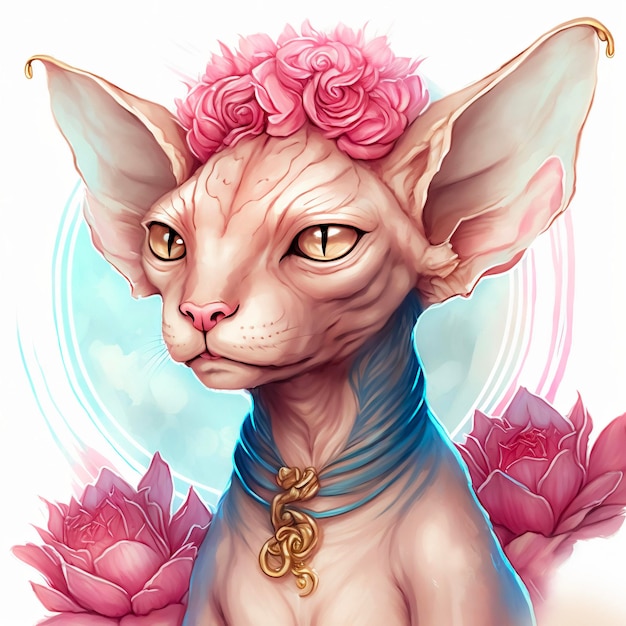 Gato sphynx bonito com olhos dourados pintados com salpicos de cor aquarela Arte digital Camiseta de cartão ou desenho de tatuagem flores cor de rosa ilustração 3D