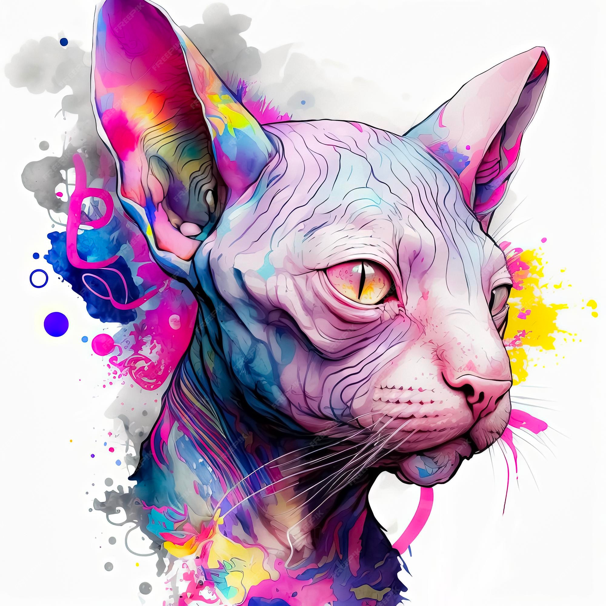 Gato sphynx bonito com olhos dourados pintados com salpicos de cor aquarela  arte digital camiseta de cartão ou desenho de tatuagem flores cor de rosa  ilustração 3d