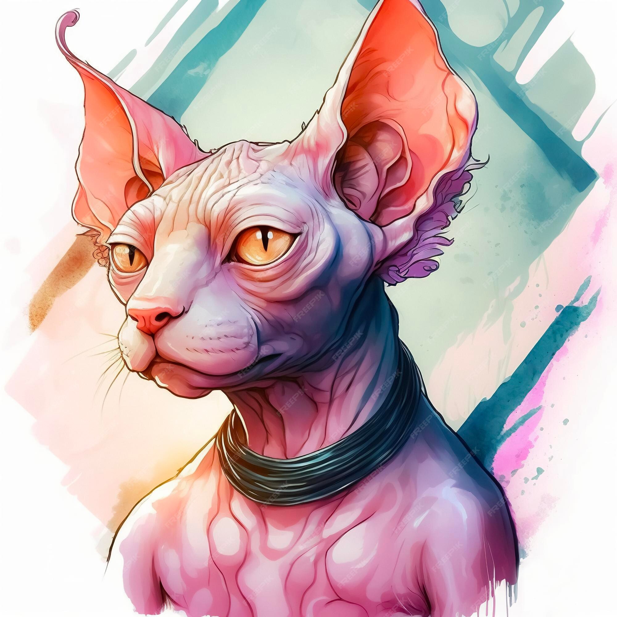 Gato sphynx bonito com olhos dourados pintados com salpicos de cor aquarela  arte digital camiseta de cartão ou desenho de tatuagem flores cor de rosa  ilustração 3d