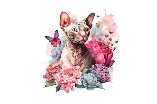 Gato sphynx canadense com borboletas e flores pintadas com aquarelas coloridas isoladas em um fundo branco gerado por ia