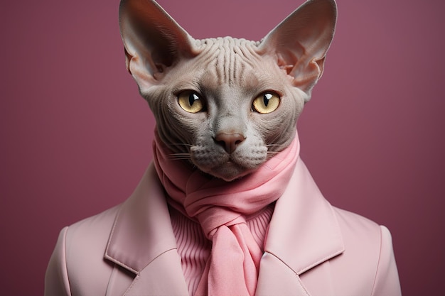 Gato Sphynx cinza em traje em fundo rosa escuro