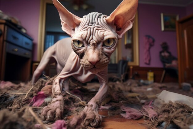 Foto el gato sphynx en el desorden doméstico