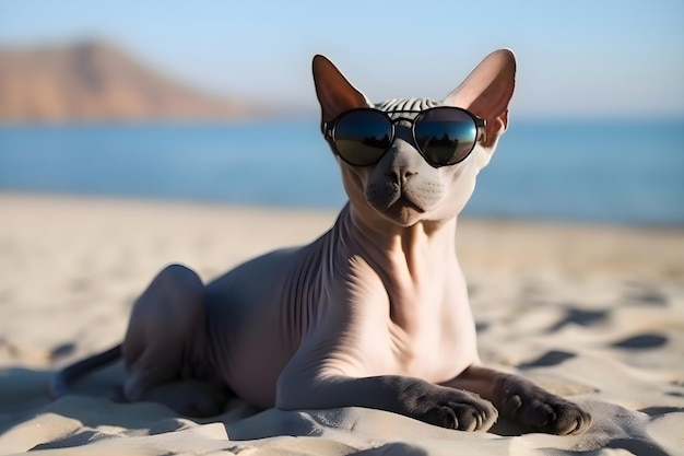 Gato Sphynx con gafas de sol en la playa cerca del mar IA generativo 2