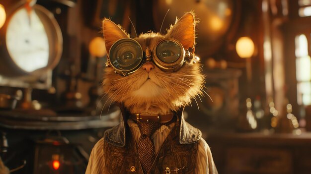 Foto un gato steampunk con un chaleco de cuero y gafas está sentado en una habitación oscura el gato está mirando a la cámara con una expresión curiosa