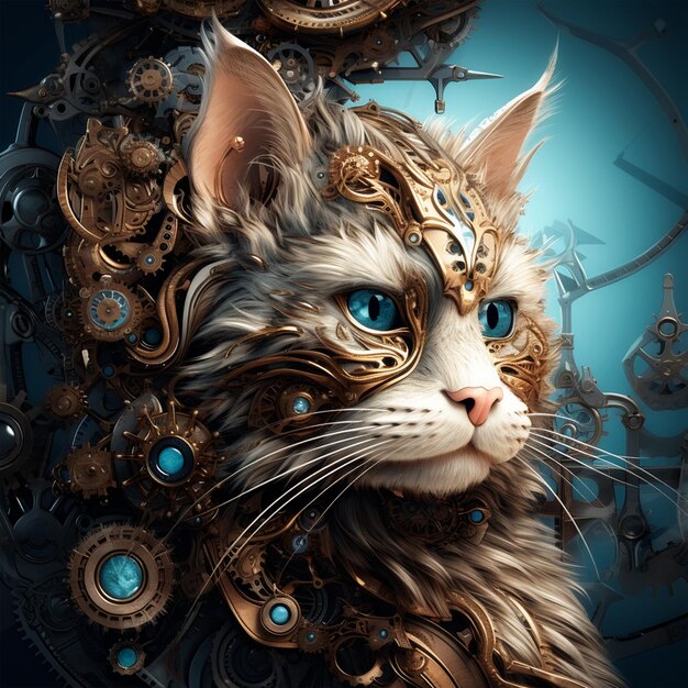 Gato Steampunk mirando con ojos azules