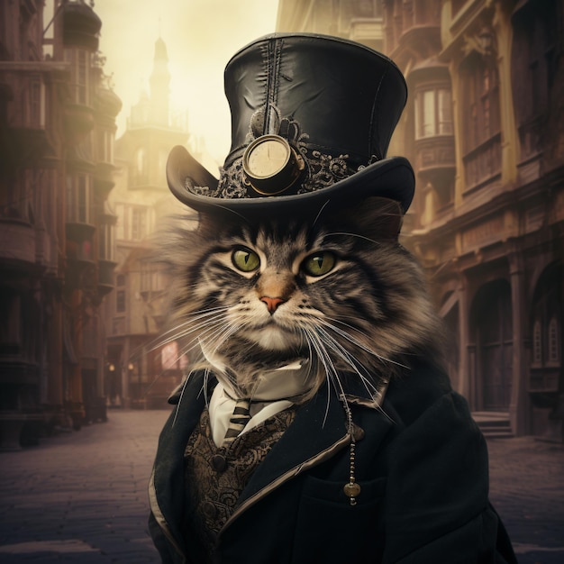 Foto gato steampunk con sombrero en una calle de la ciudad vieja