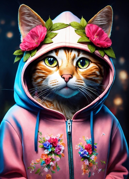 gato con una sudadera adornada con flores 4k