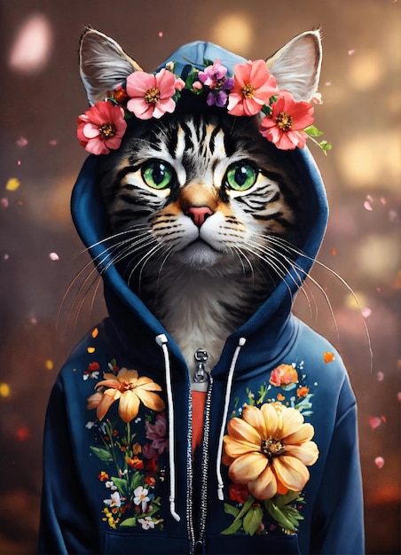 gato con una sudadera adornada con flores 4k