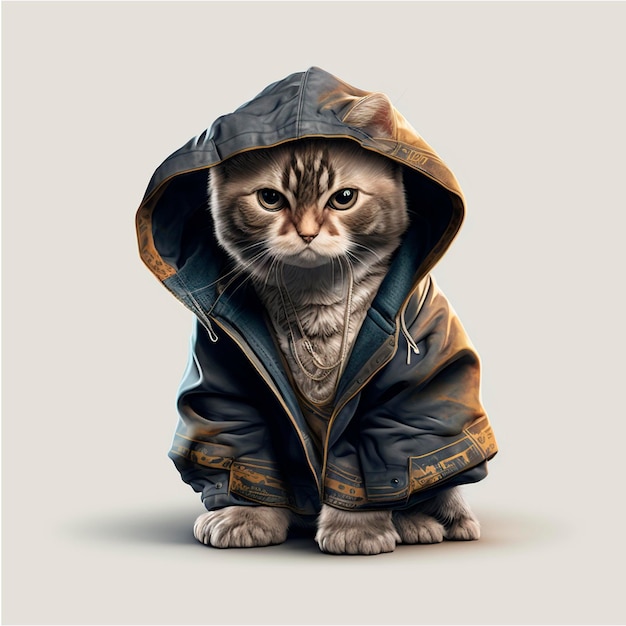 Un gato con una sudadera con capucha que tiene la palabra gato.