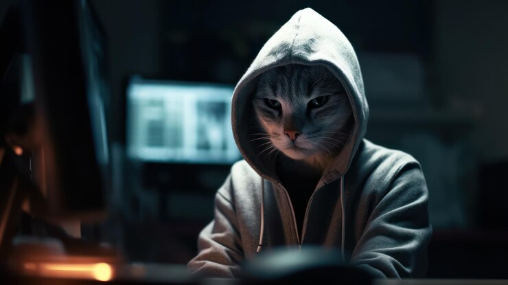 Foto un gato con una sudadera con capucha se sienta en un escritorio frente a la pantalla de una computadora.