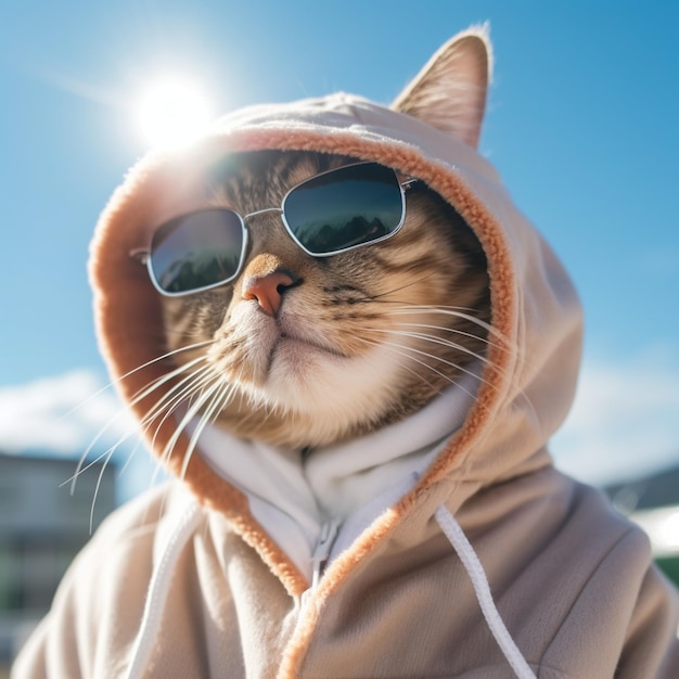 un gato con una sudadera con capucha y el sol brillando sobre ella.