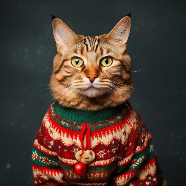 Foto gato con un suéter de navidad feo