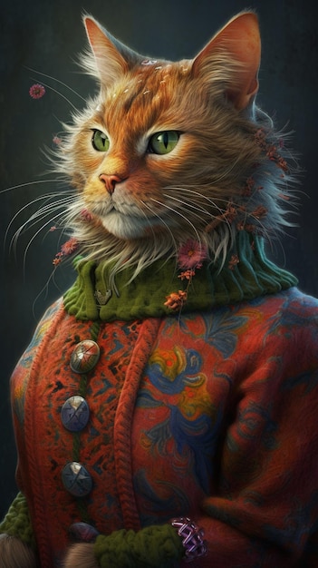 Un gato con un suéter que dice "gato"