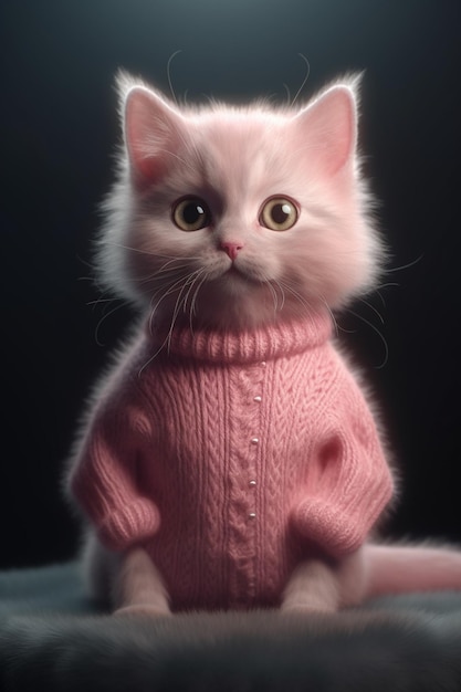 Un gato con un suéter rosa que dice "gato"