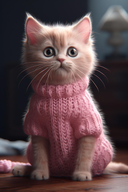 Un gato con un suéter rosa se sienta en una mesa.