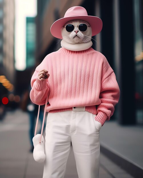 Foto un gato con un suéter rosa y un sombrero